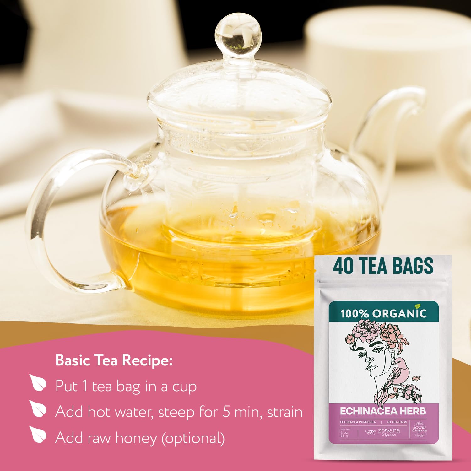 Echinacea Tea Organic 40 Tea Bags 100% Pure Natural Immunity Support Caffeine Free - Image 7