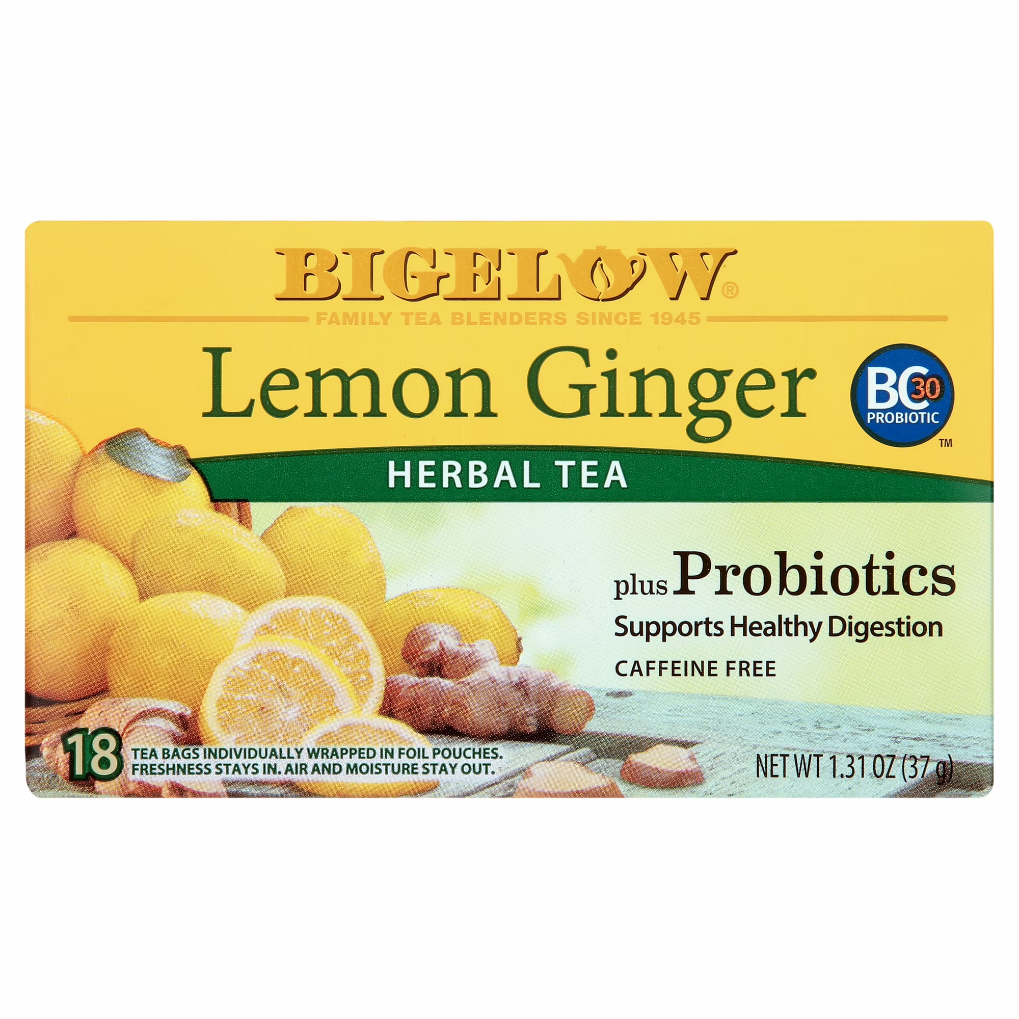 Bigelow Lemon Ginger Plus Probiotics Herbal Tea Bags 18 Count - Image 2