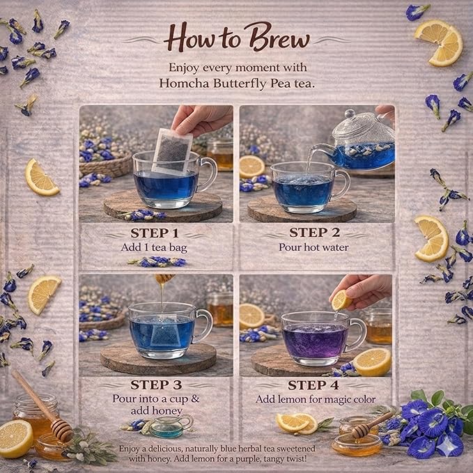 Homcha USDA Organic Butterfly Pea Flower Tea Bags 30 Herbal Tea Bags - Image 7