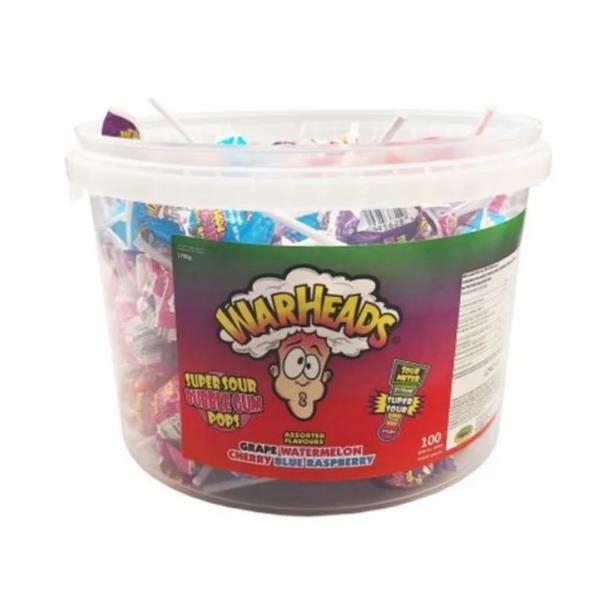 Warheads Import Super Sour Bubblegum Lollipop Tub 100ct - Image 2